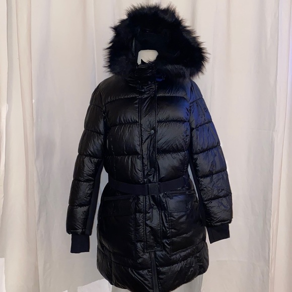 **NWT** MICHAEL KORS Black Belted Puffer Jacket/Coat with Fur Hood 1X - Picture 3 of 8